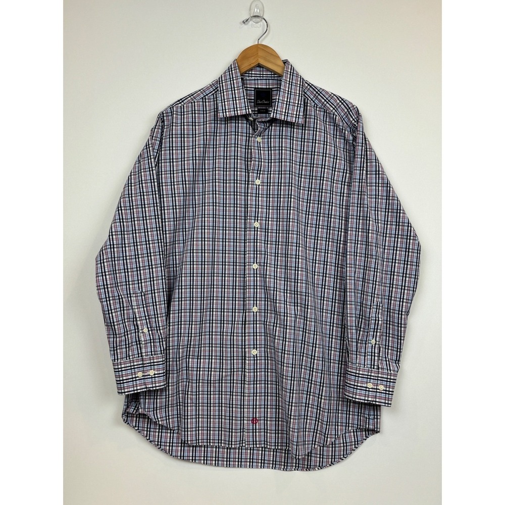 David Donahue Mens Dress Shirt 17 32/33 Trim Fit Blue Pink Plaid 100% Cotton